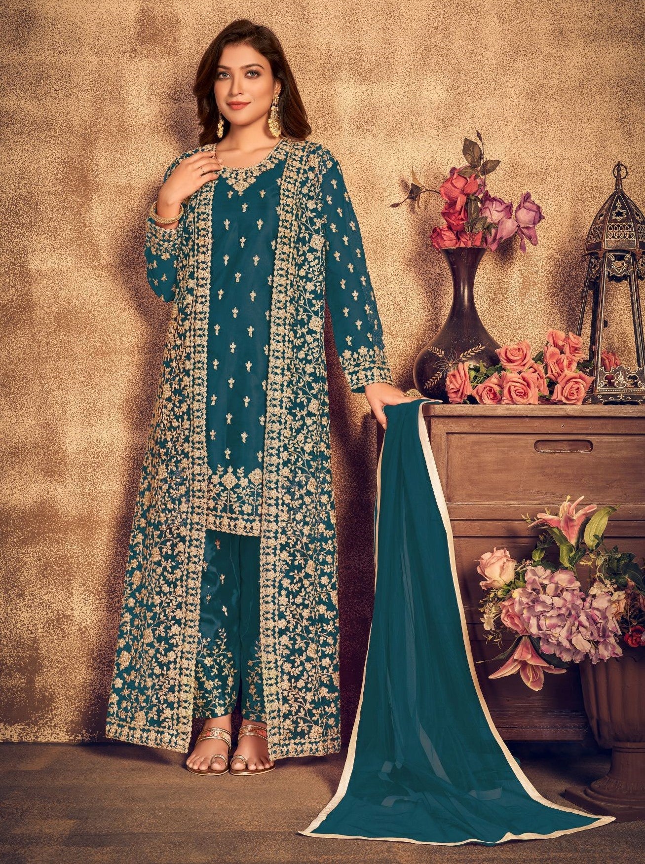 Net Embroidered Blue Salwar Suit