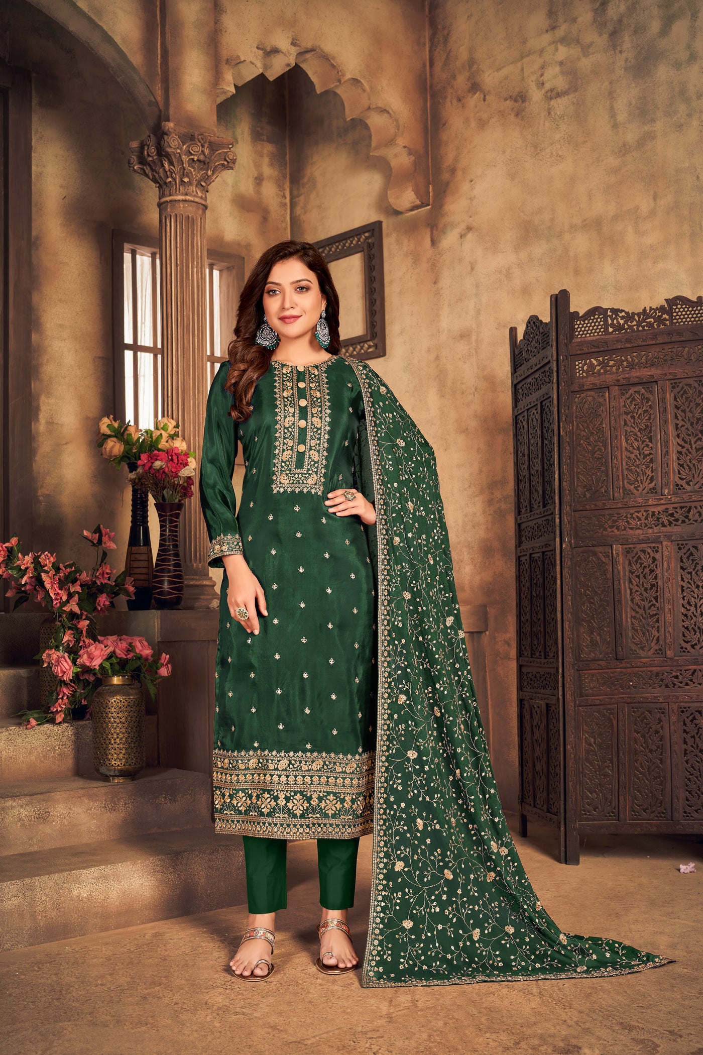 Art Silk Embroidered Green Salwar Suit
