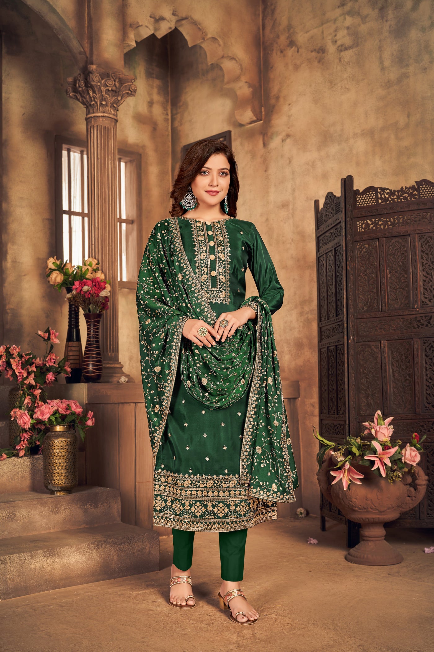 Art Silk Embroidered Green Salwar Suit