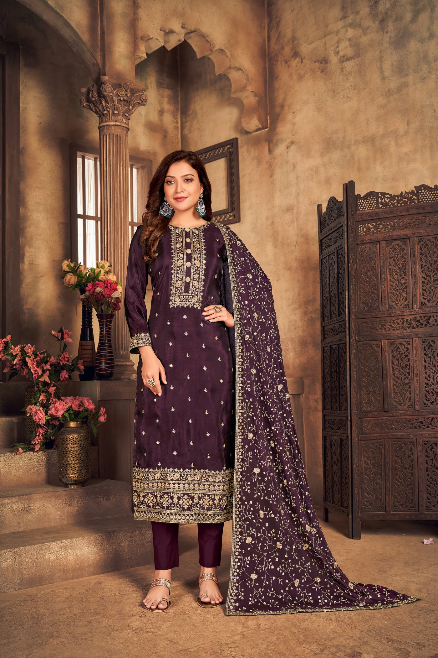 Art Silk Embroidered Wine Color Salwar Suit