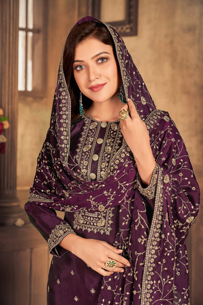 Art Silk Embroidered Wine Color Salwar Suit