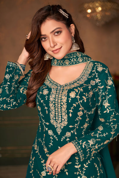Faux Georgette Sequence Work Green Salwar Suit
