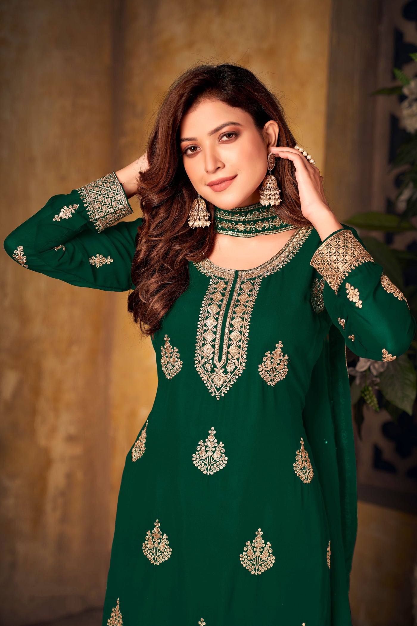 Faux Georgette Sequence Work Green Salwar Suit