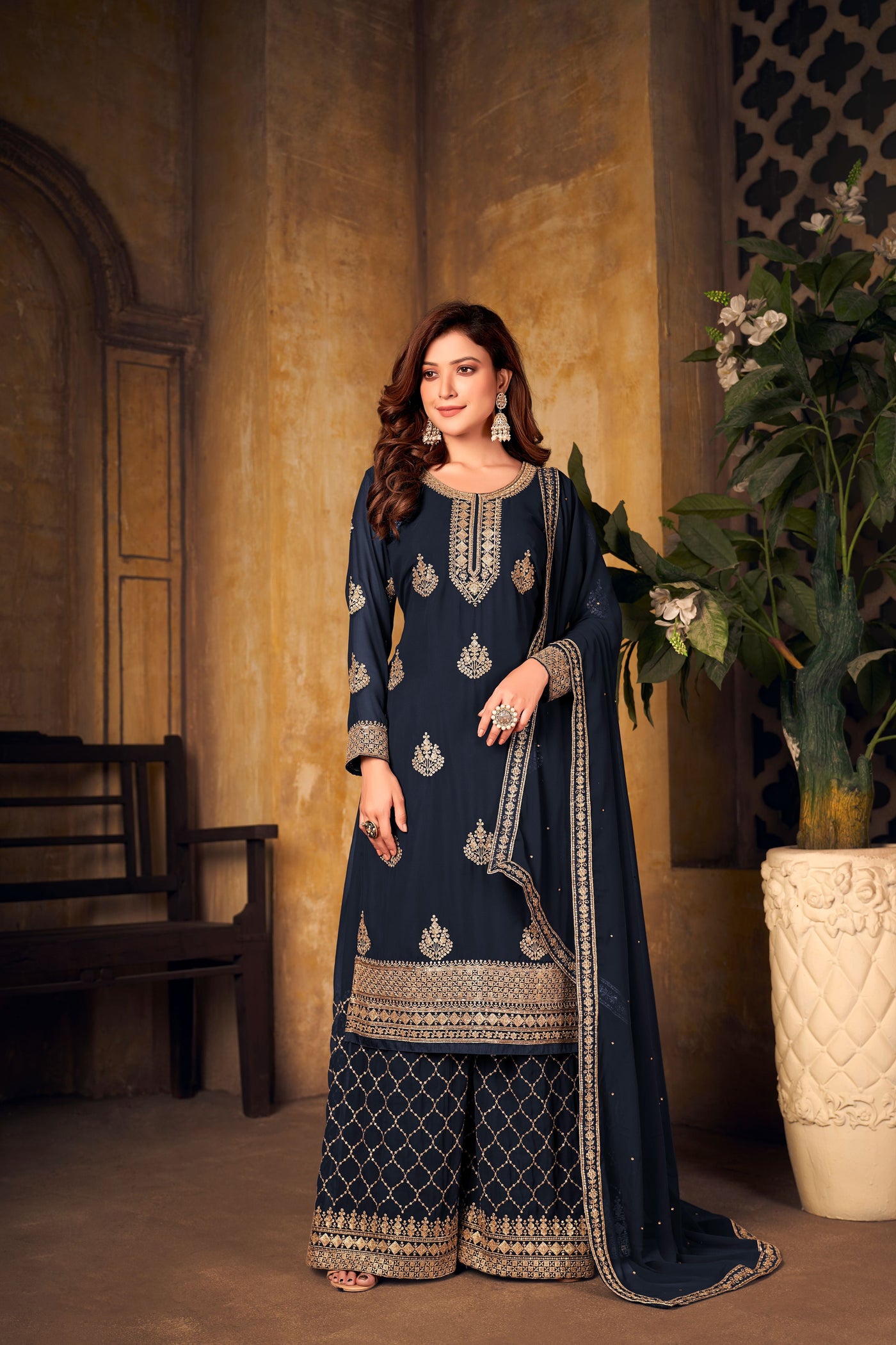 Faux Georgette Sequence Work Navy Blue Salwar Suit