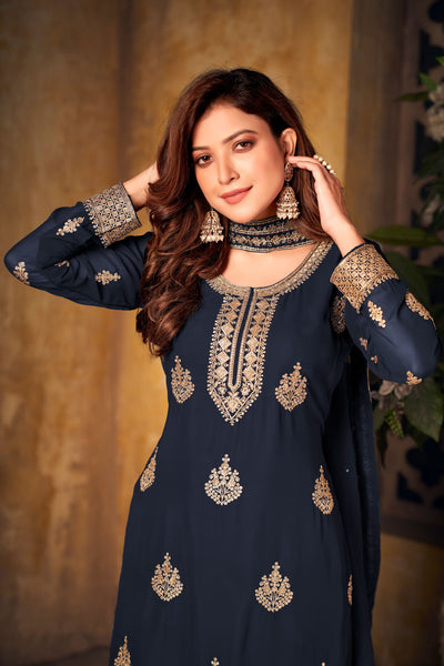 Faux Georgette Sequence Work Navy Blue Salwar Suit