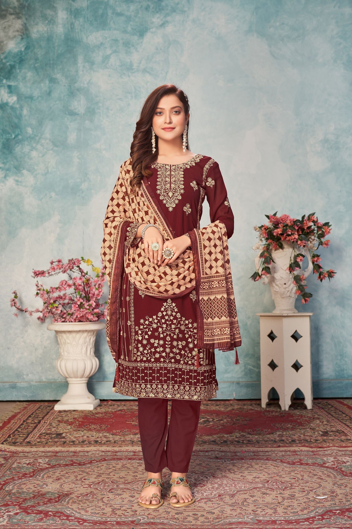 Faux Georgette Embroidered Maroon Salwar Suit