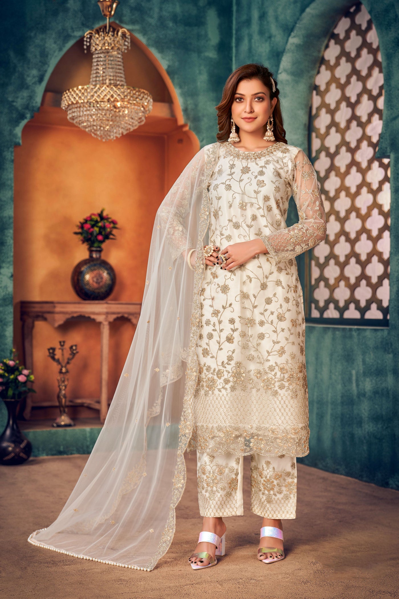 Net Embroidered Off White Salwar Suit