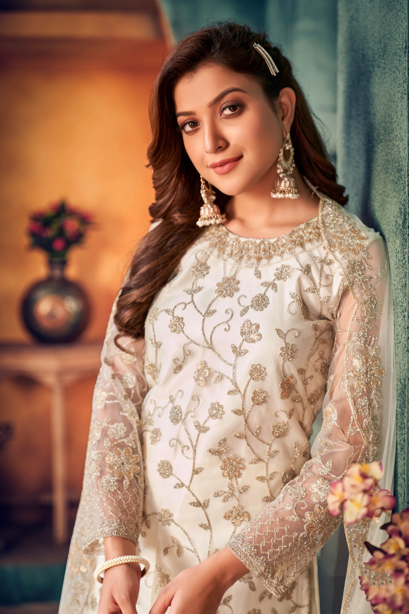 Net Embroidered Off White Salwar Suit
