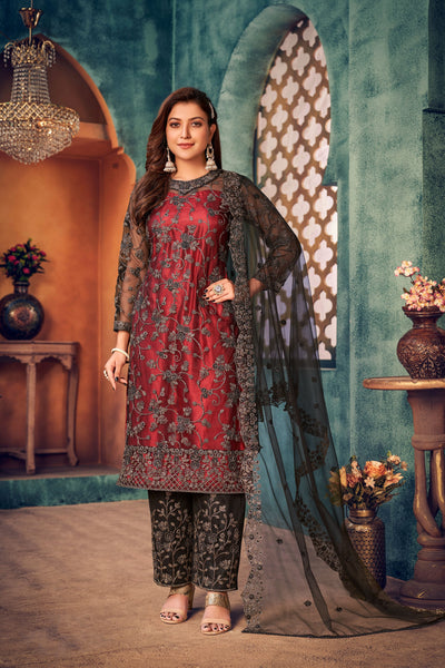 Net Embroidered Red Salwar Suit