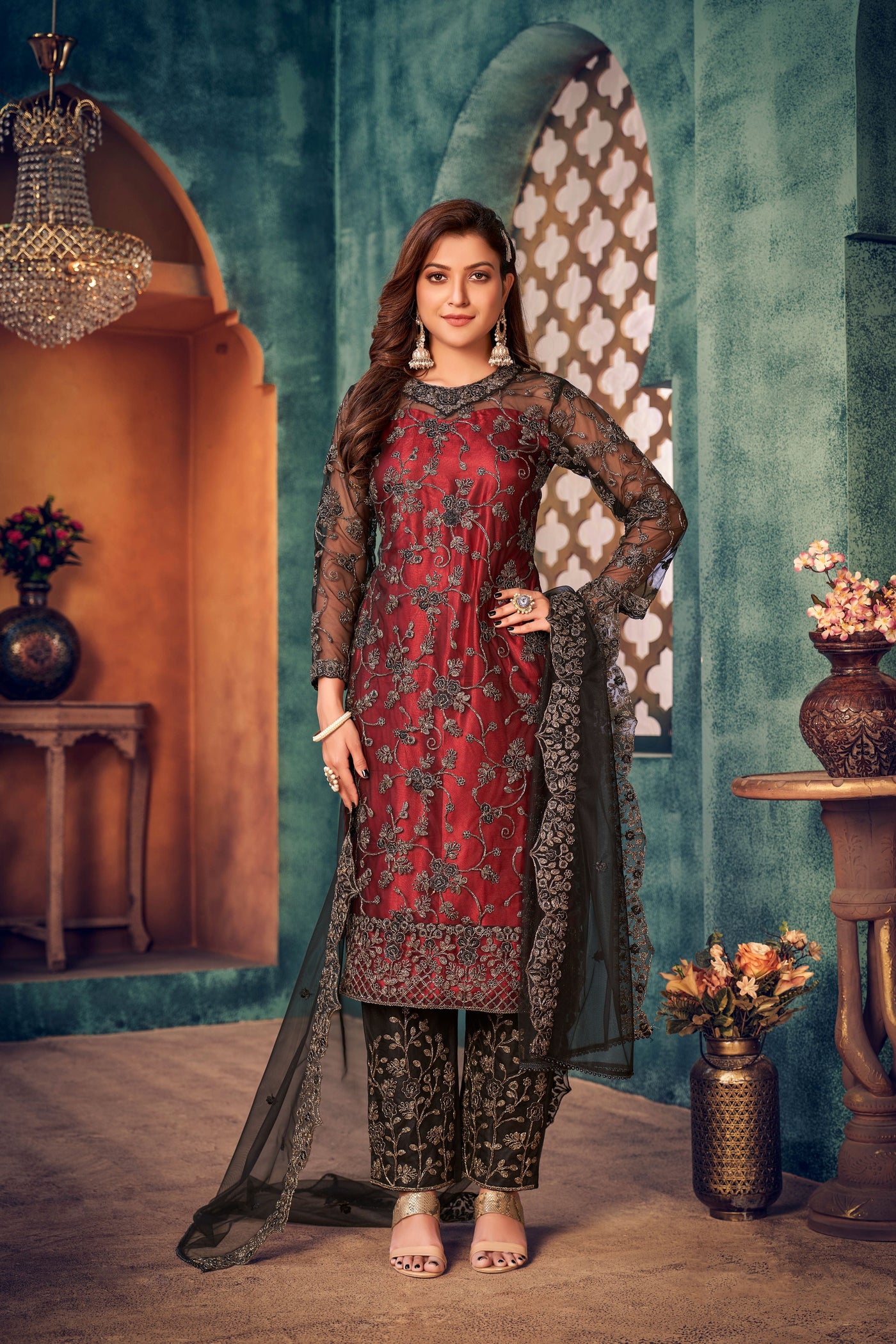 Net Embroidered Red Salwar Suit