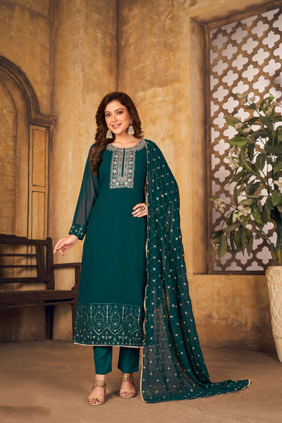 Faux Georgette Embroidered Sea Green Salwar Suit