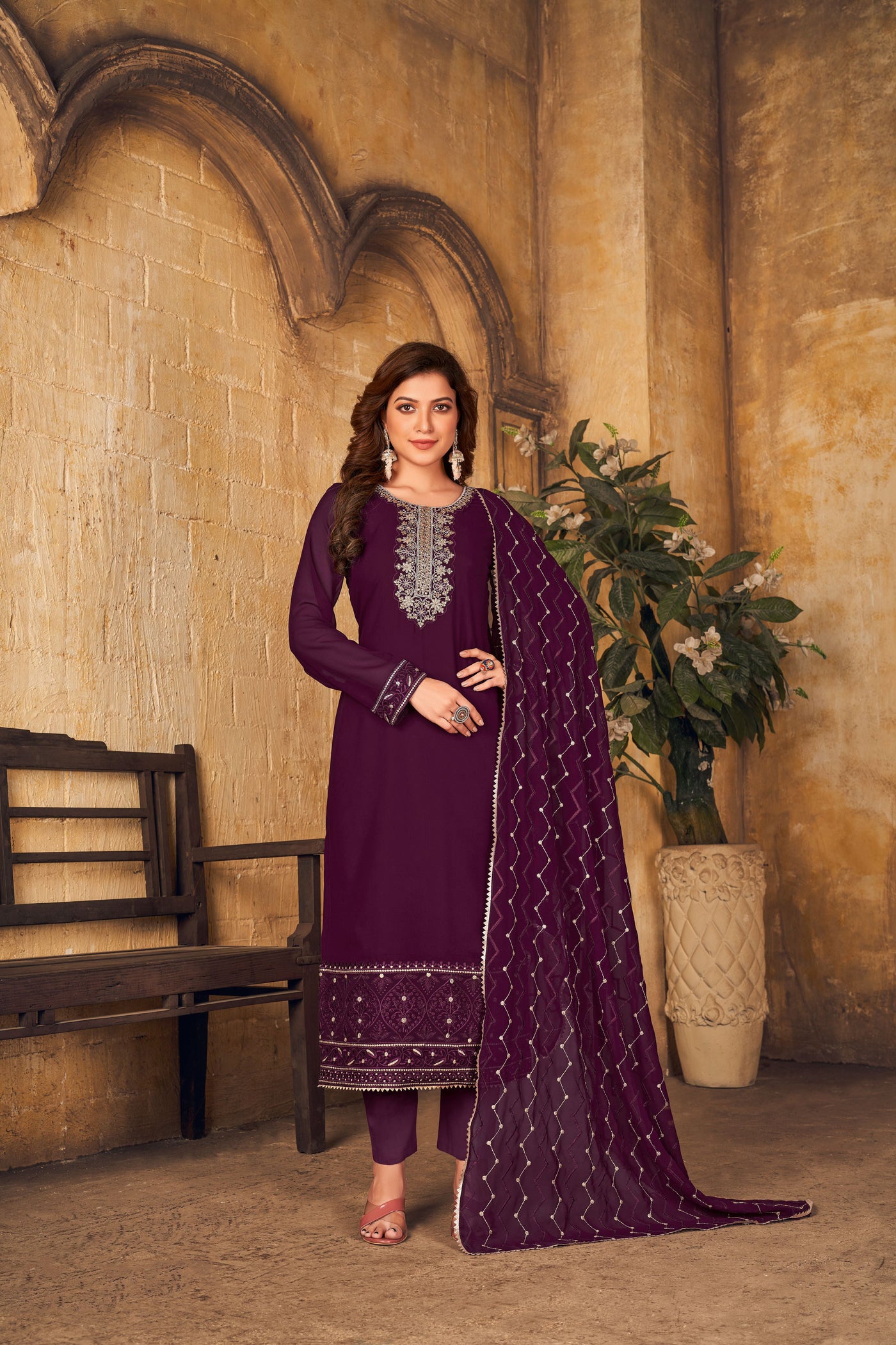 Faux Georgette Embroidered Wine Color Salwar Suit