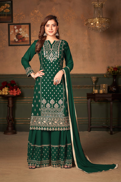 Faux Georgette Embroidered Green Salwar Suit