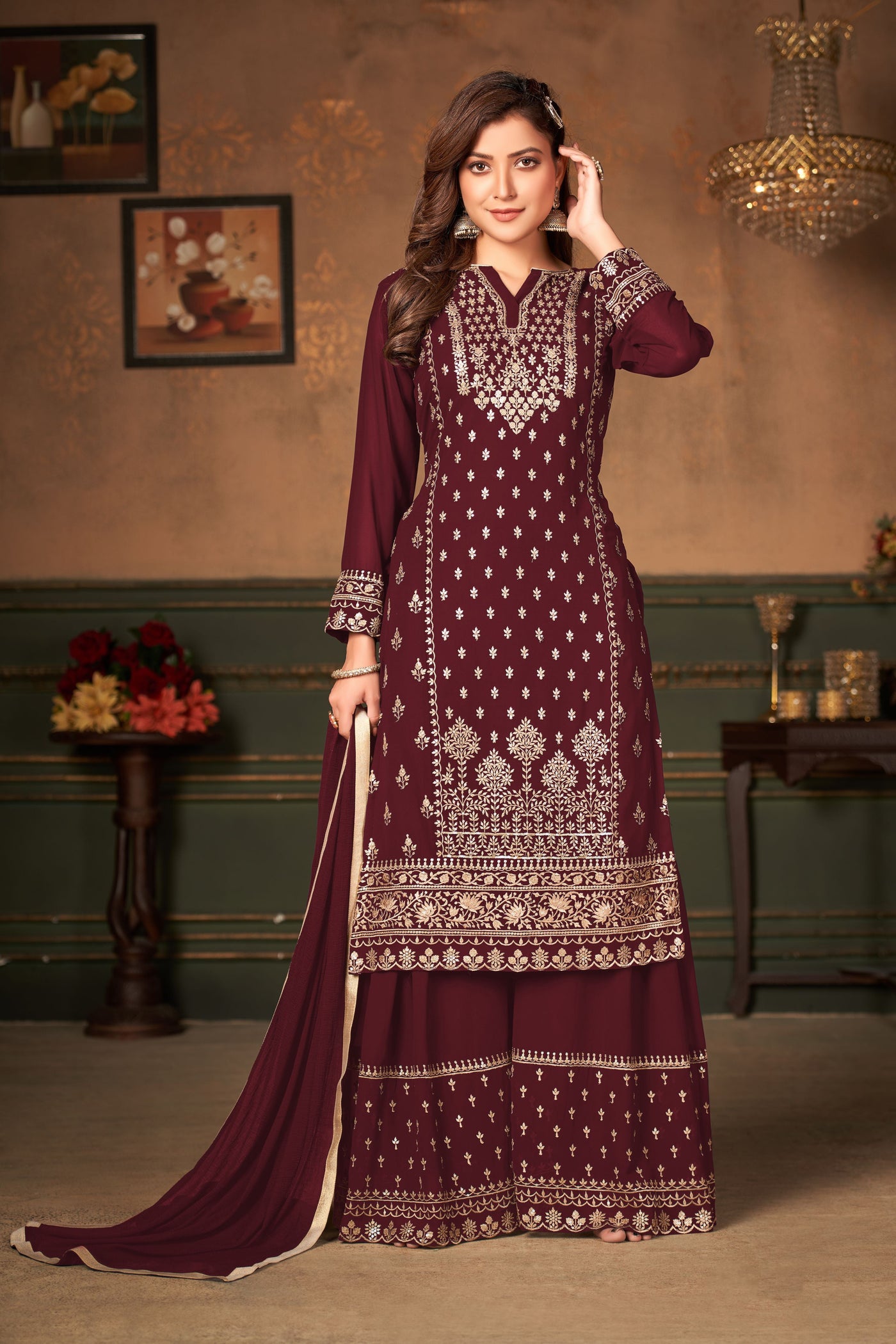 Faux Georgette Embroidered Maroon Salwar Suit