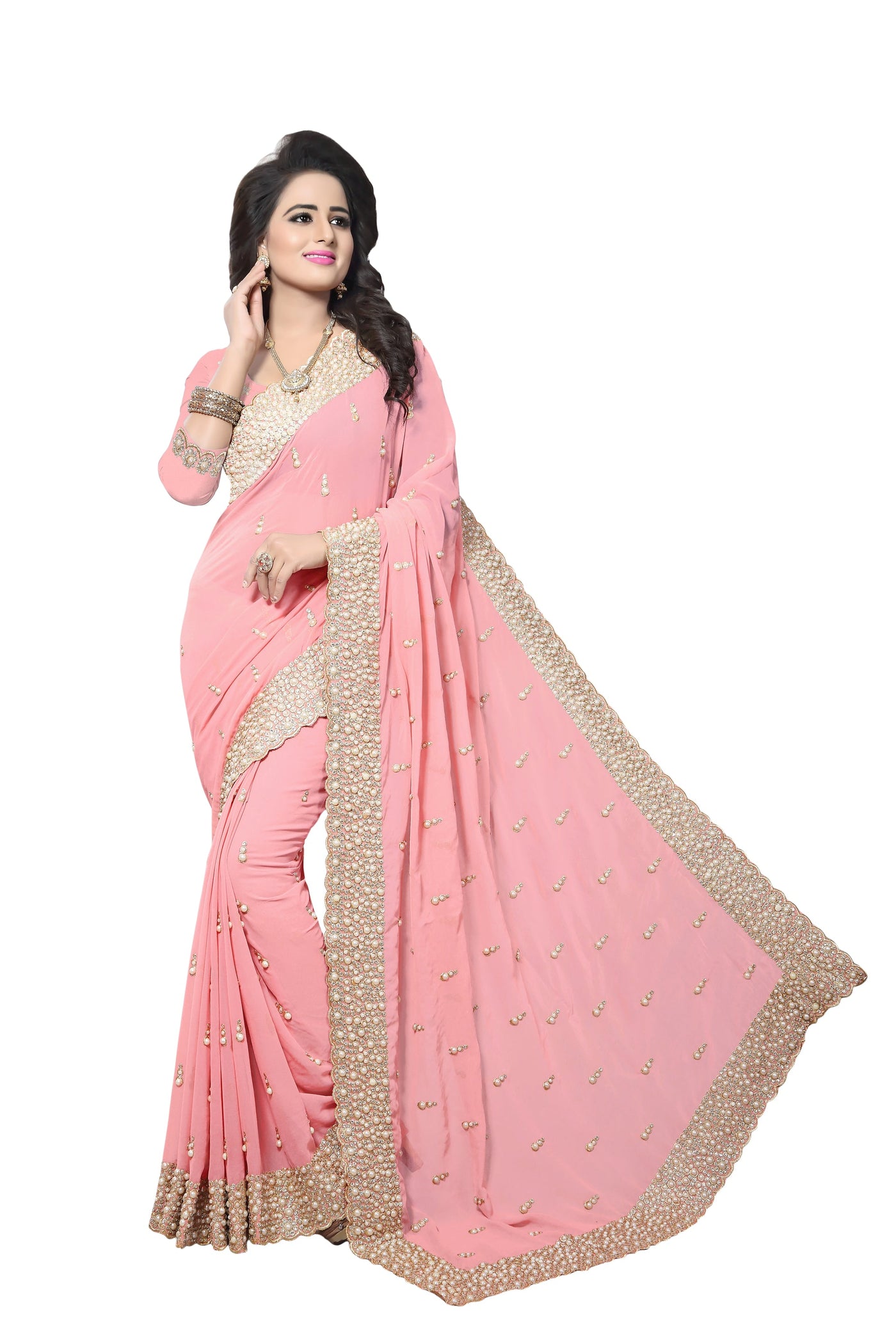 Georgette Peach Saree With Blouse
