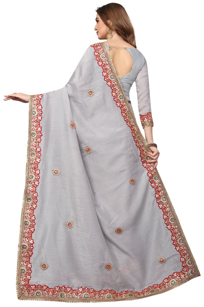 Grey Art Silk Embroidered Saree With Blouse