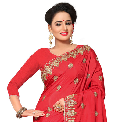 Red Art Silk Stone Work Saree With Blouse