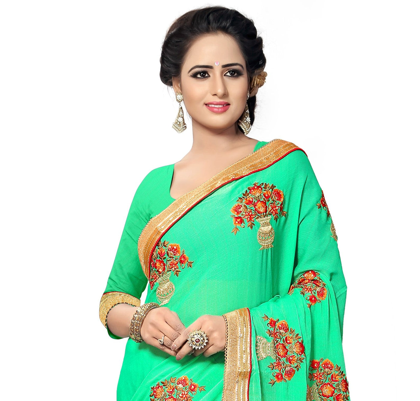 Pista Green Chiffon Embroidered Saree With Blouse