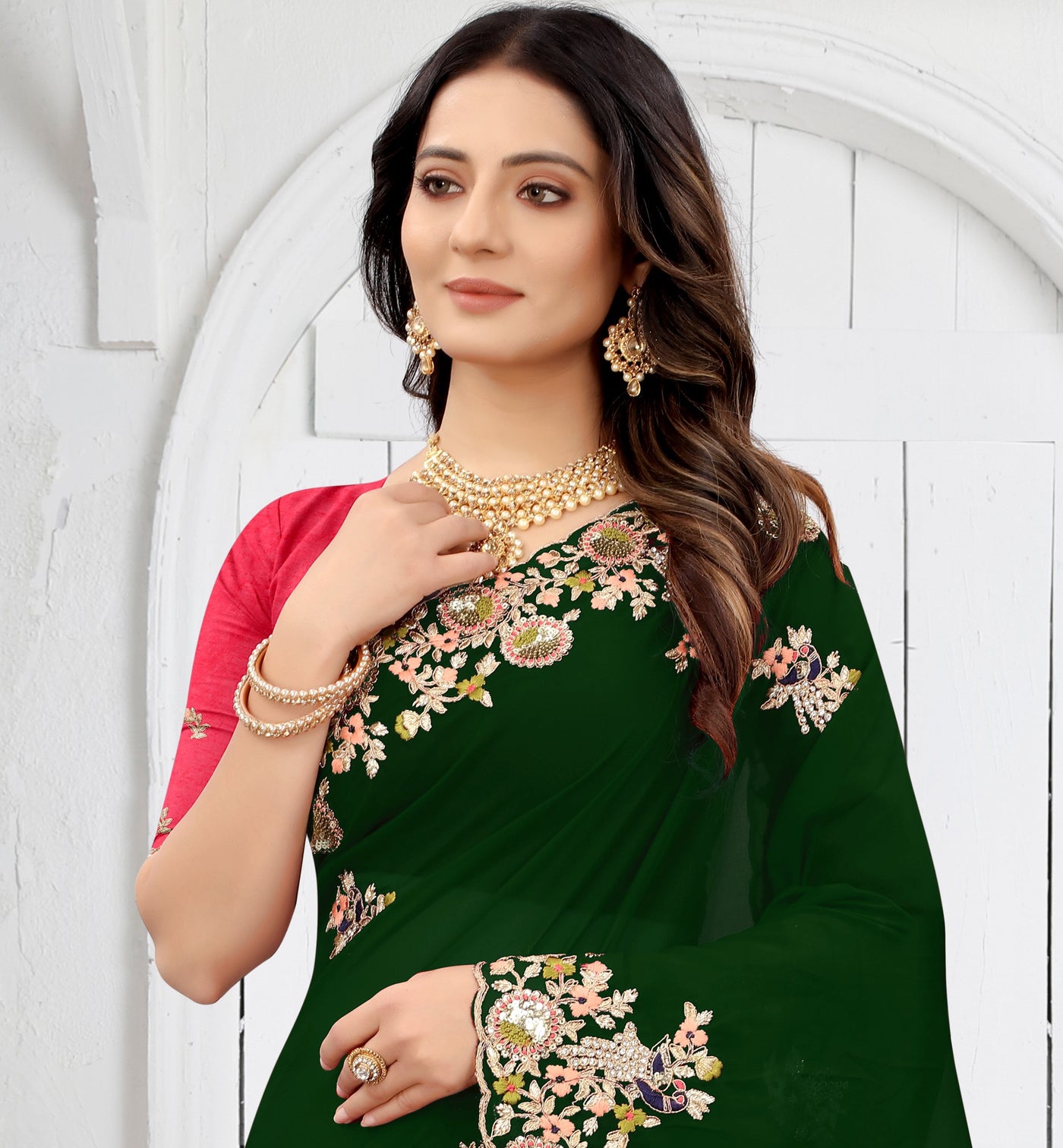 Green Organza Embroidered Saree With Blouse