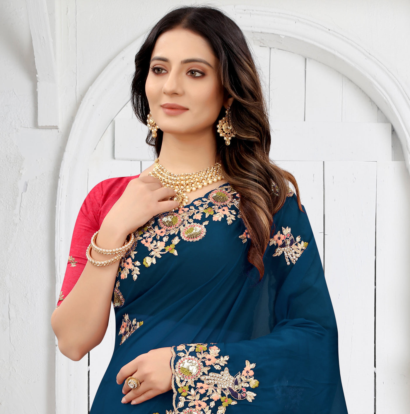 Blue Organza Embroidered Saree With Blouse