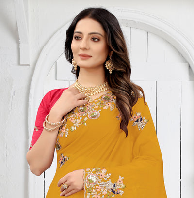 Mustard Organza Embroidered Saree With Blouse
