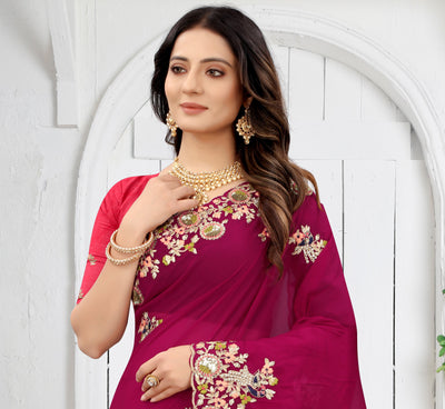Magenta Organza Embroidered Saree With Blouse