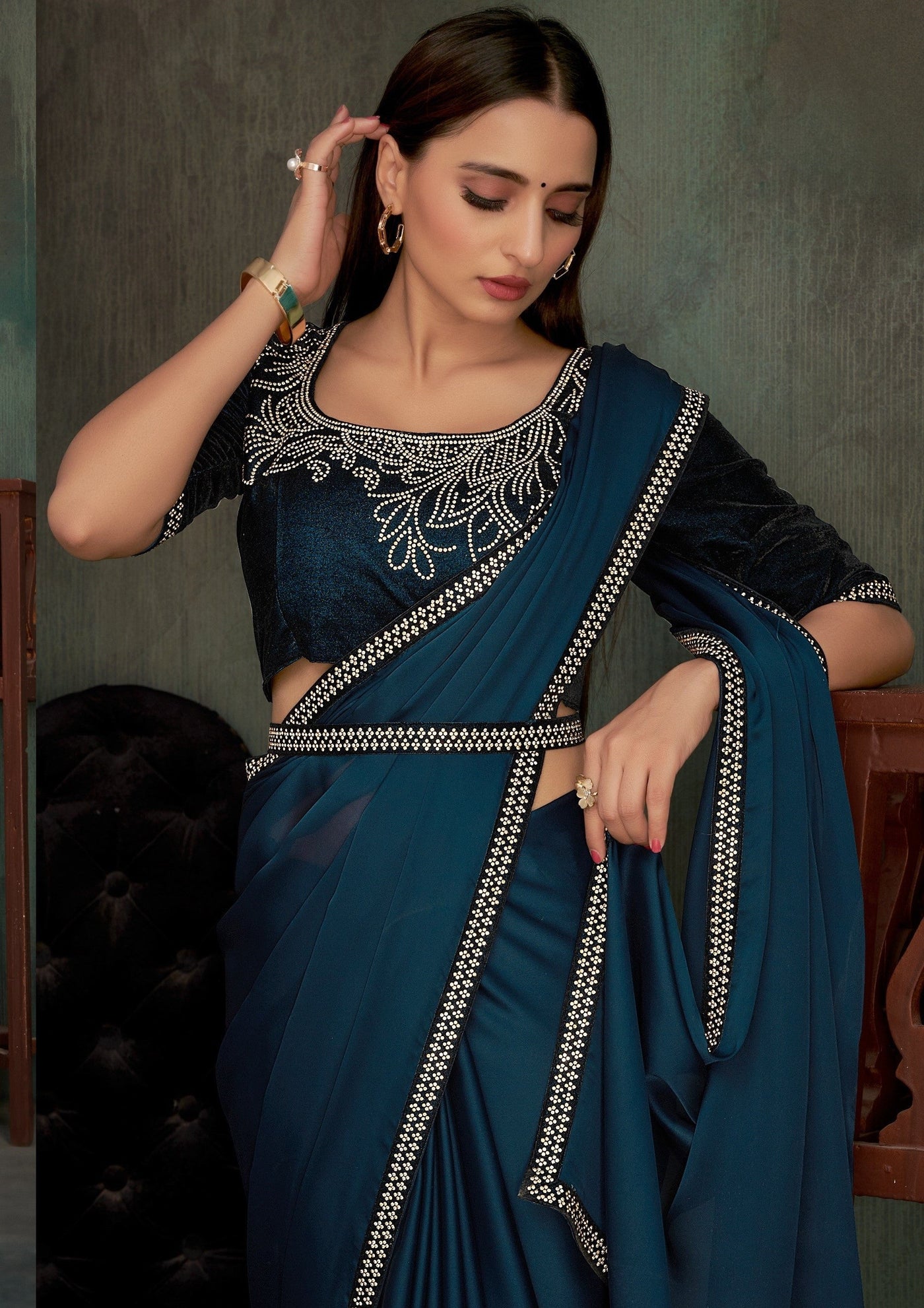 Blue Georgette Stone Work Saree With Blouse