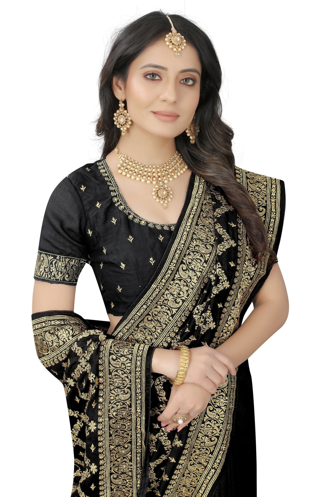 Black Vichitra Silk Embroidered Saree With Blouse