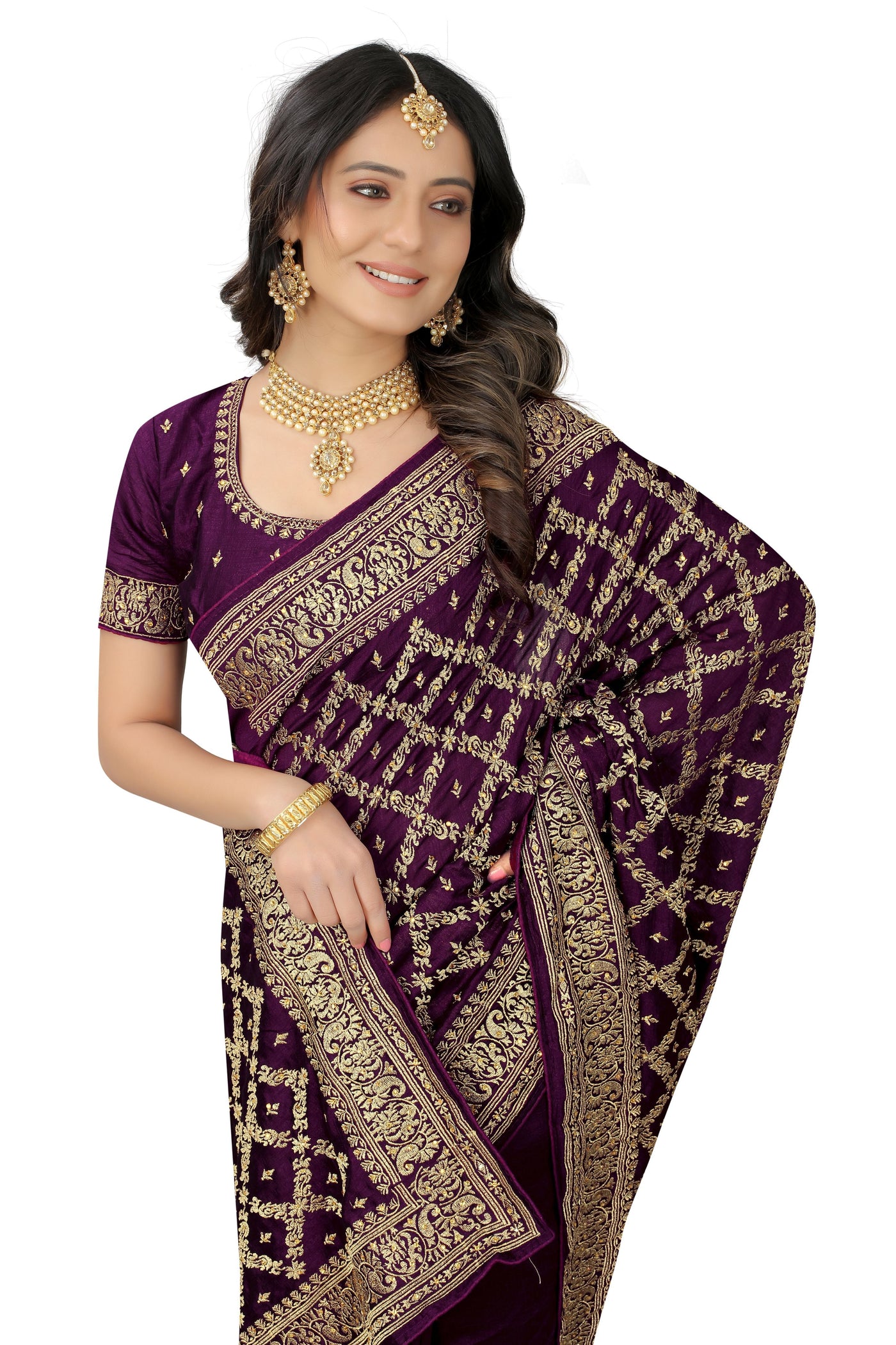 Wine Color Vichitra Silk Embroidered Saree With Blouse