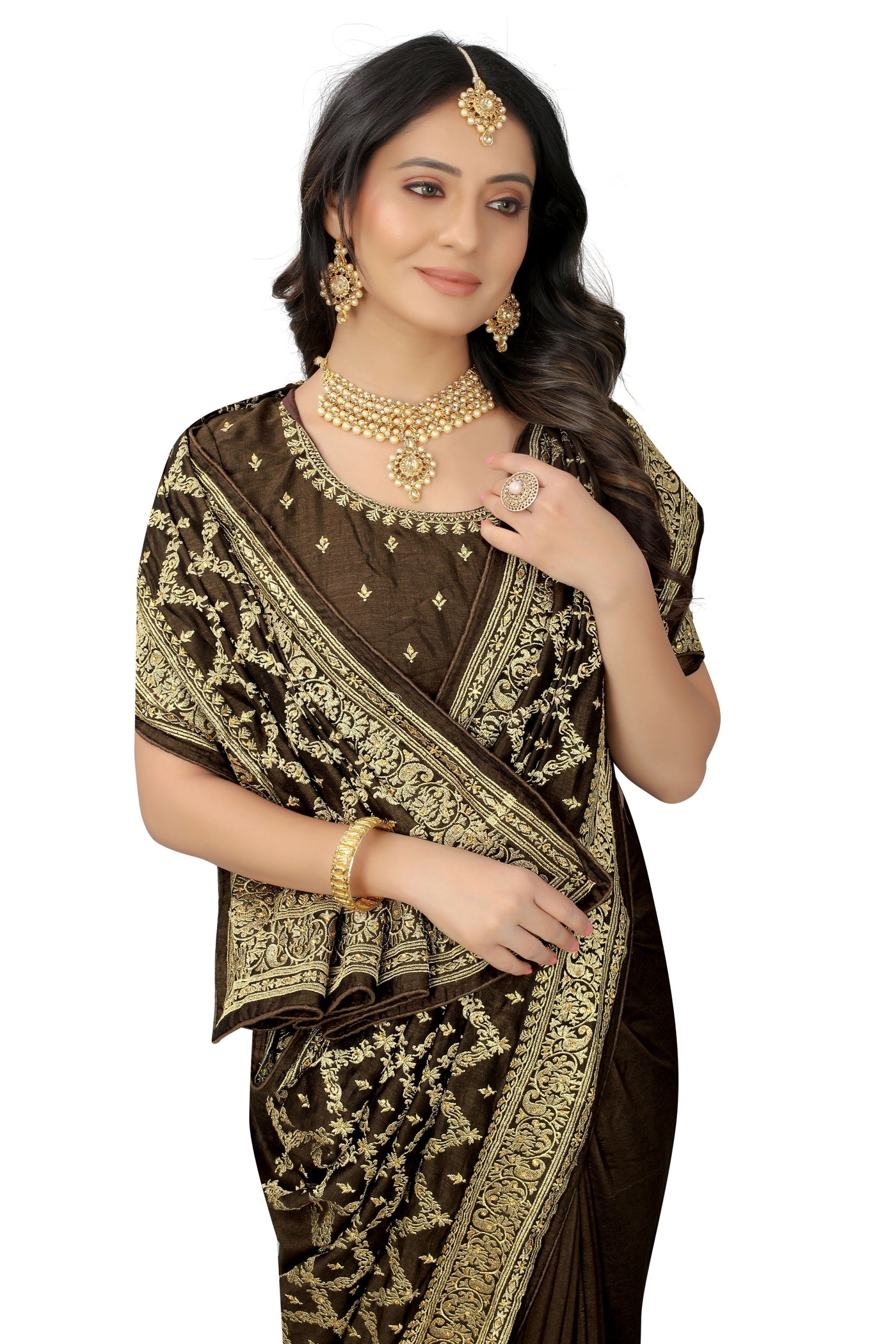 Olive Green Vichitra Silk Embroidered Saree With Blouse