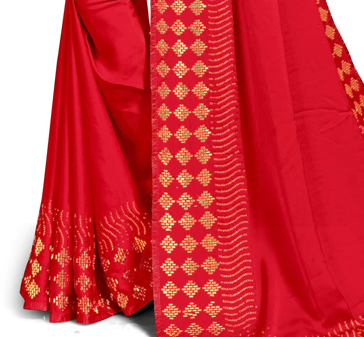 Red Satin Stone Work Saree With Blouse