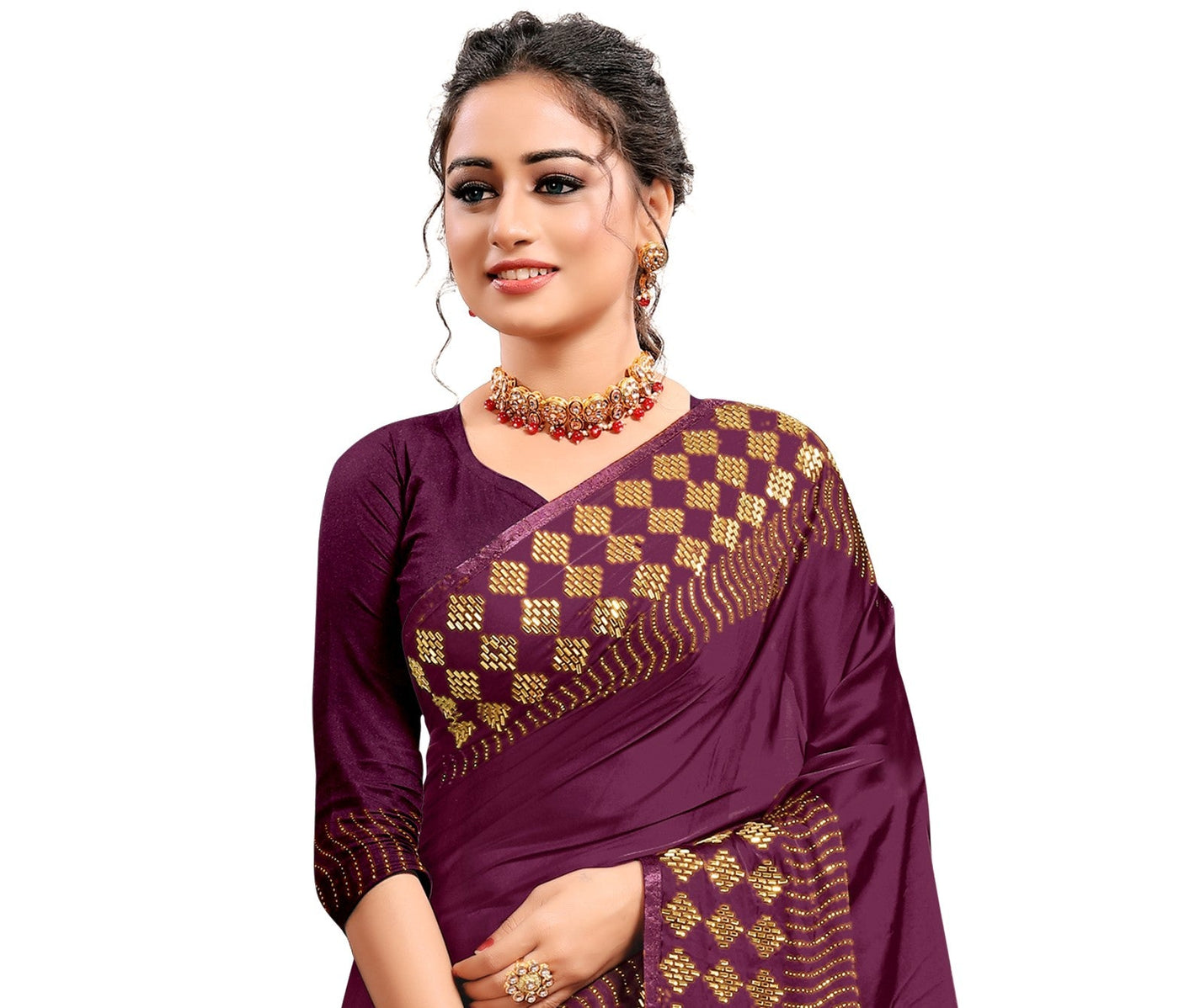 Wine Color Satin Stone Work Saree With Blouse