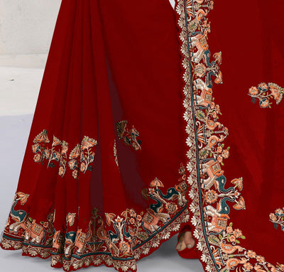 Red Georgette Embroidered Saree With Blouse