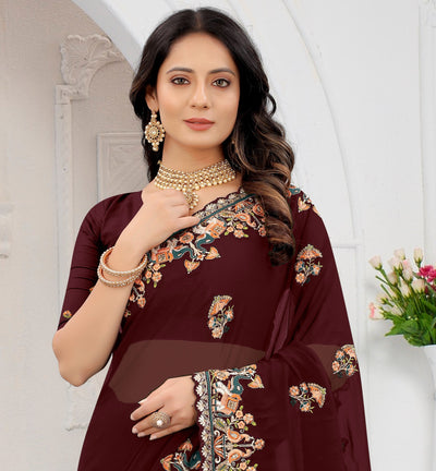 Maroon Georgette Embroidered Saree With Blouse