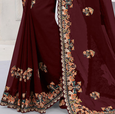 Maroon Georgette Embroidered Saree With Blouse