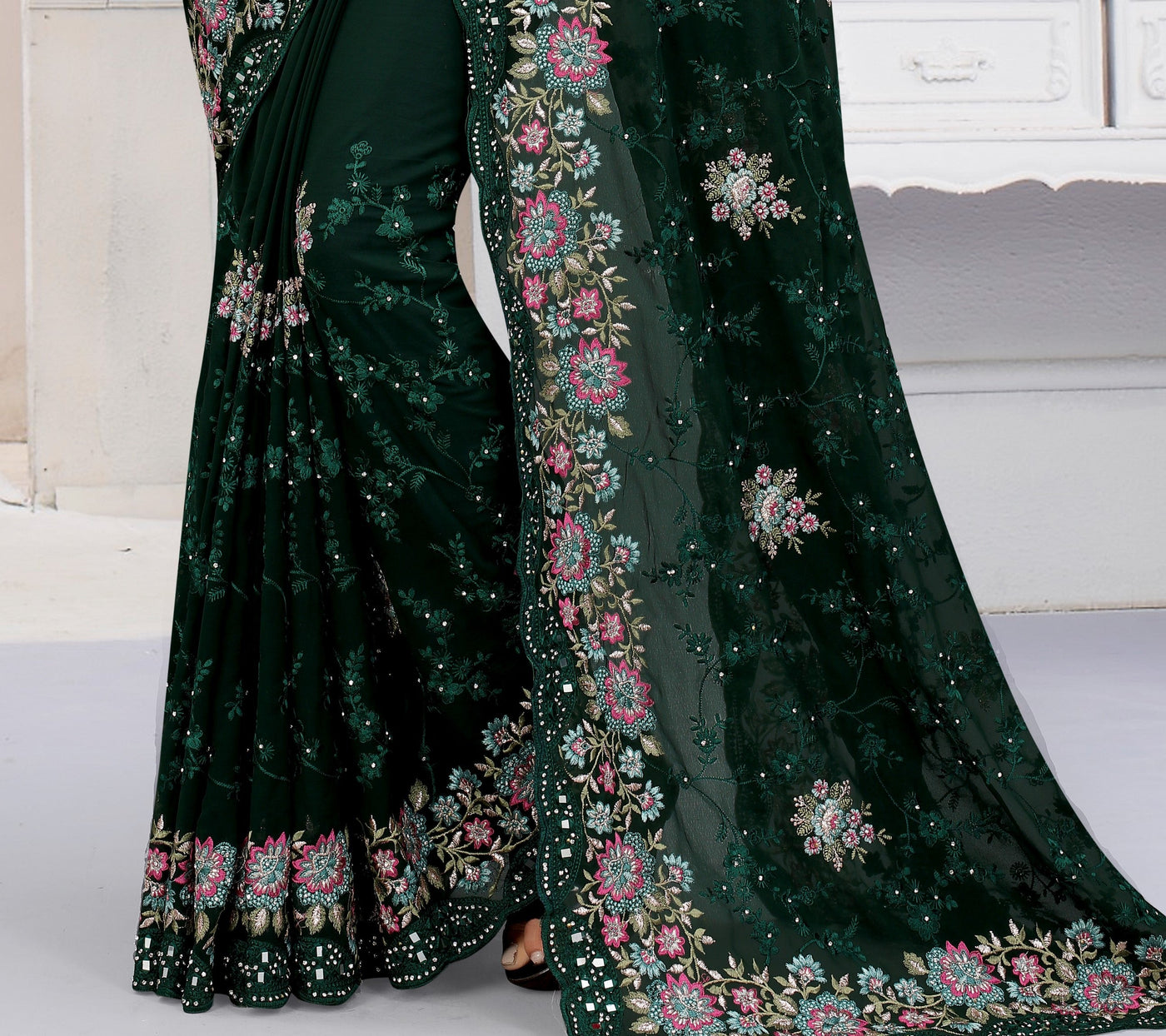 Green Georgette Embroidered Saree With Blouse