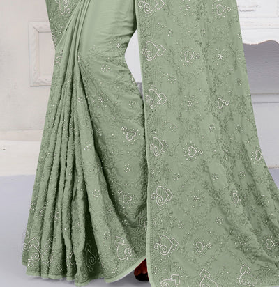 Pista Green Crepe Embroidered Saree With Blouse