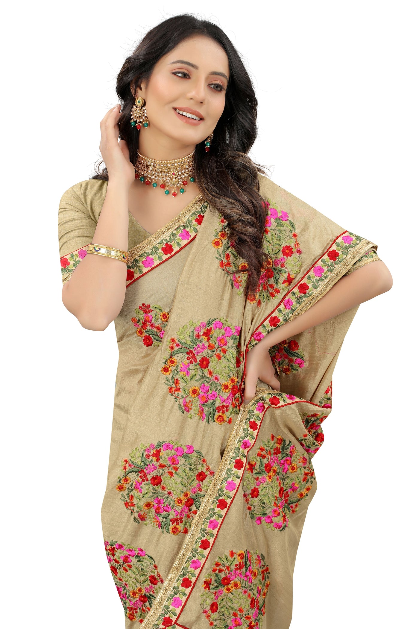 Beige Vichitra Silk Embroidered Saree With Blouse