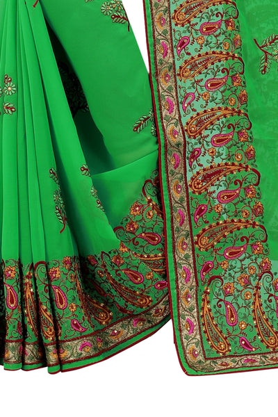 Green Georgette Embroidered Saree With Blouse