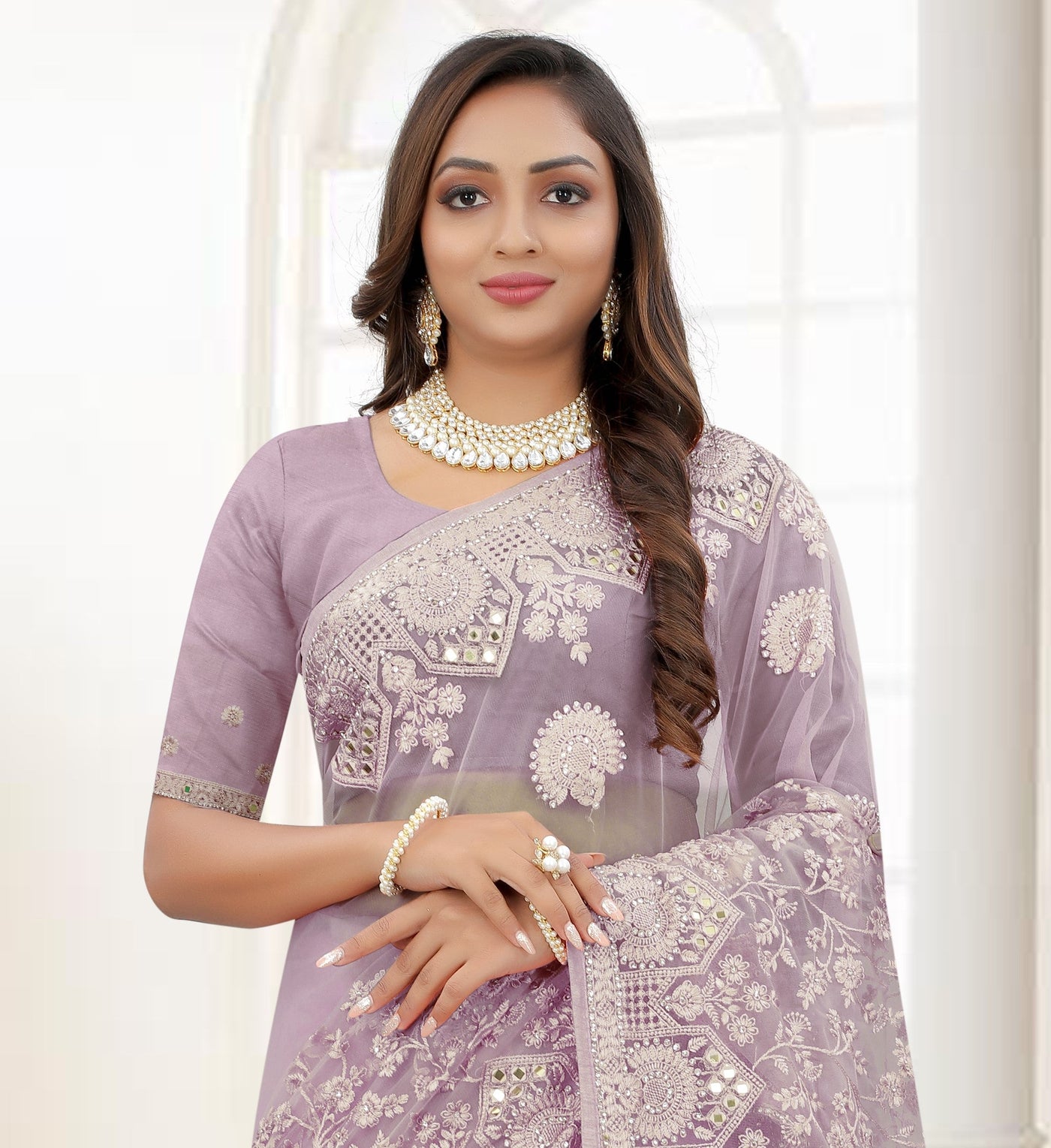 Lavender Net Embroidered Saree With Blouse