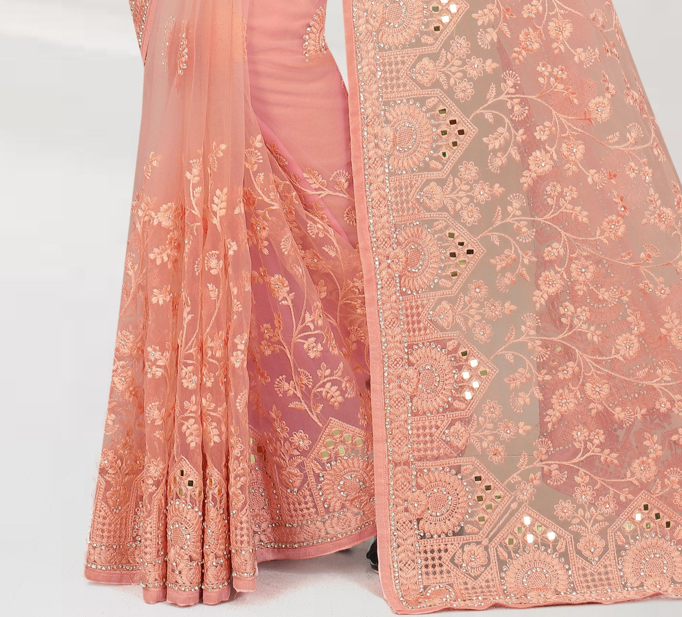 Peach Net Embroidered Saree With Blouse