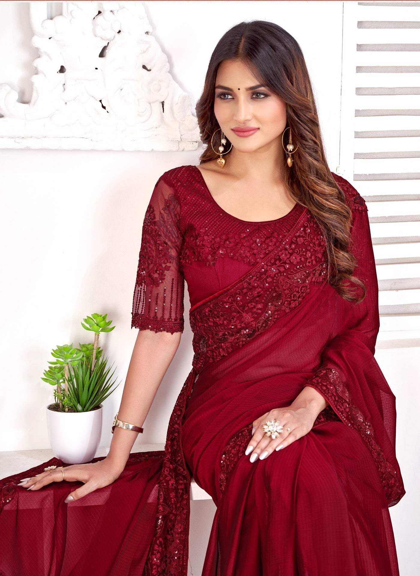 Maroon Jacquard Sequence Work Saree With Blouse