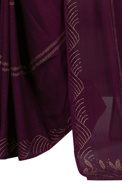 Wine Color Chiffon Stone Work Saree With Blouse