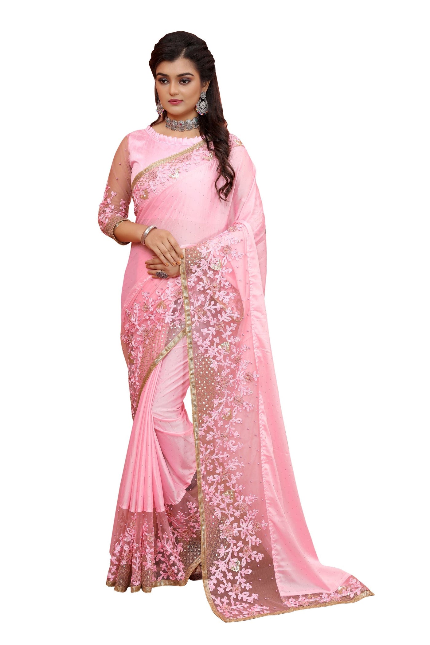 Pink  Art Silk Embroidered Saree With Blouse