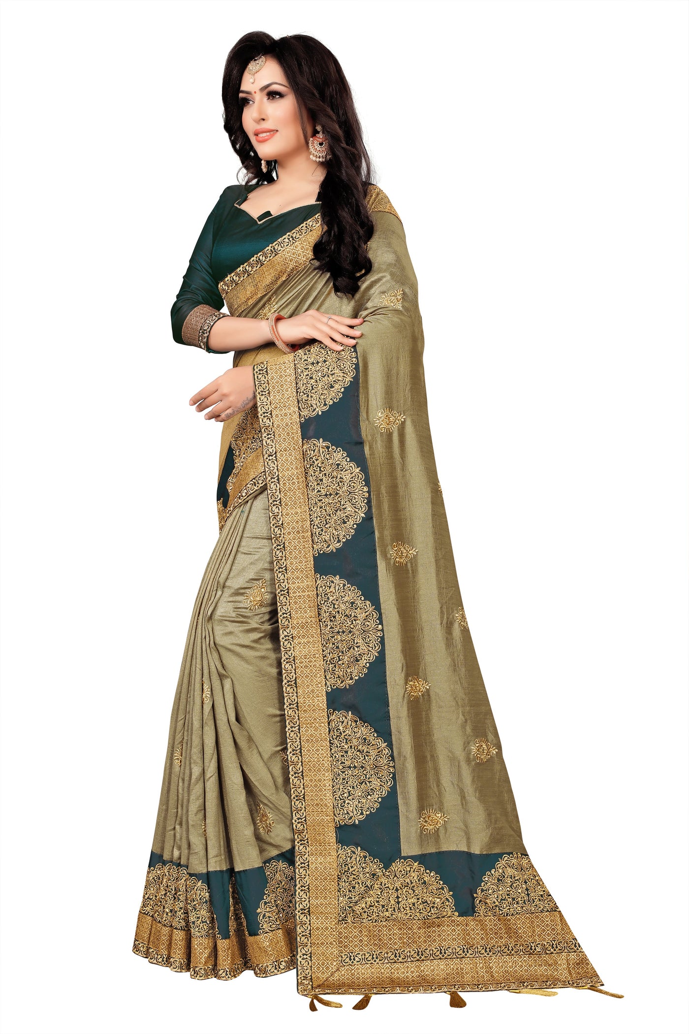 Vichitra Silk Golden Saree With Blouse