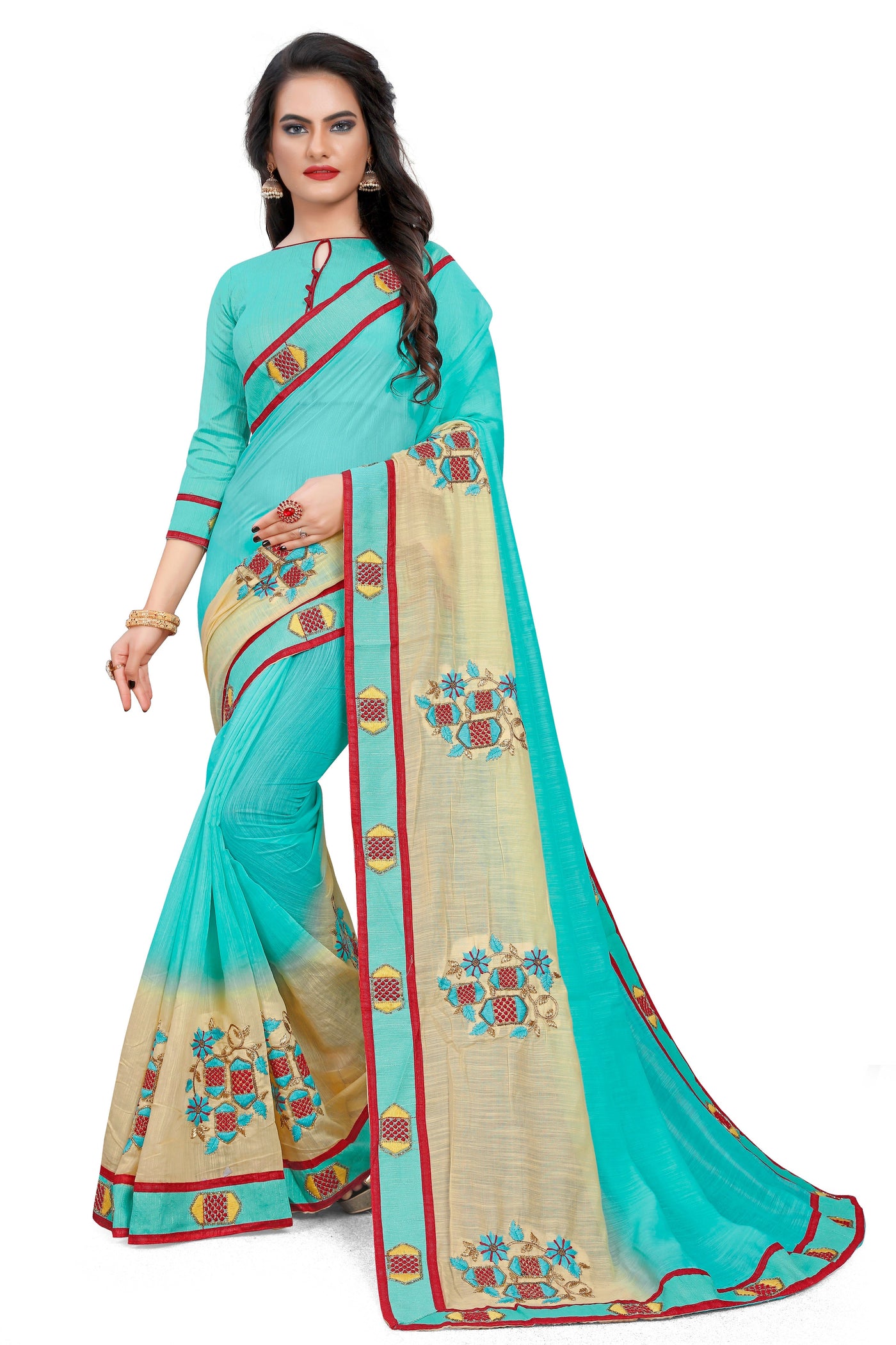 Fancy Cotton Sea Green Saree With Blouse