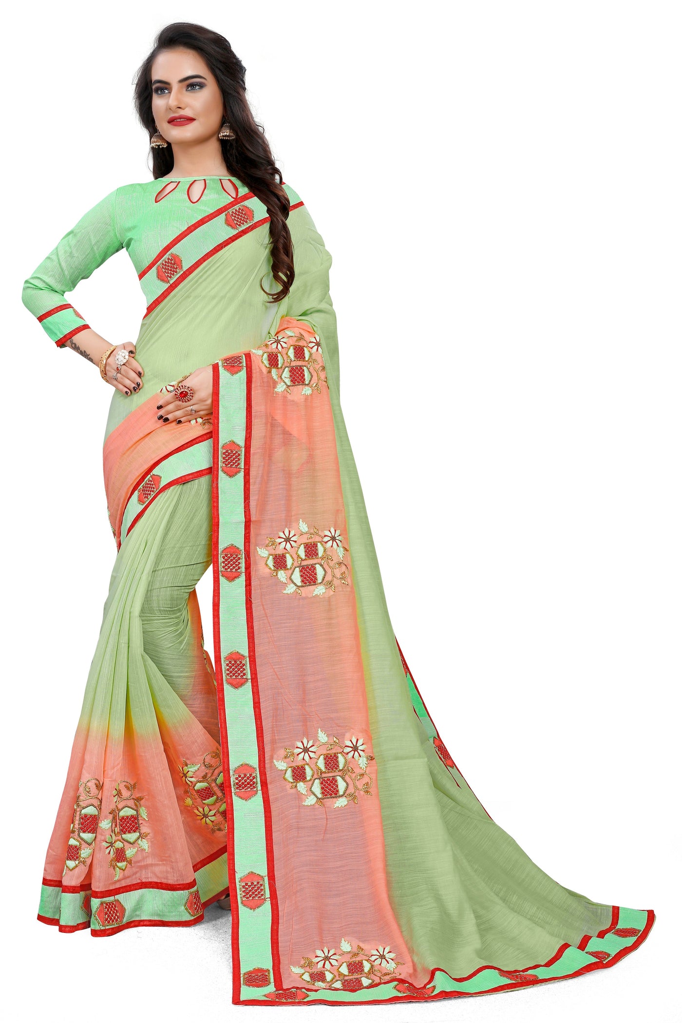 Fancy Cotton Green Saree With Blouse