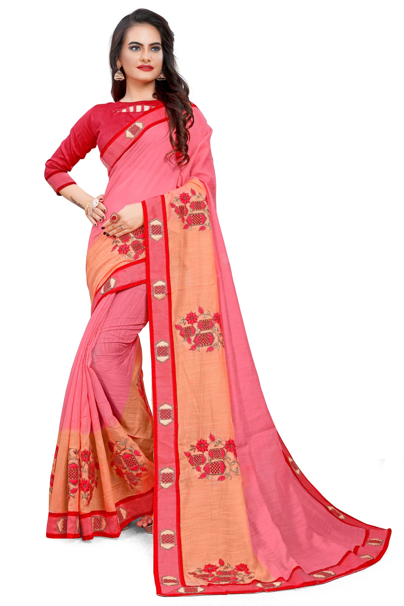Fancy Cotton Pink Saree With Blouse