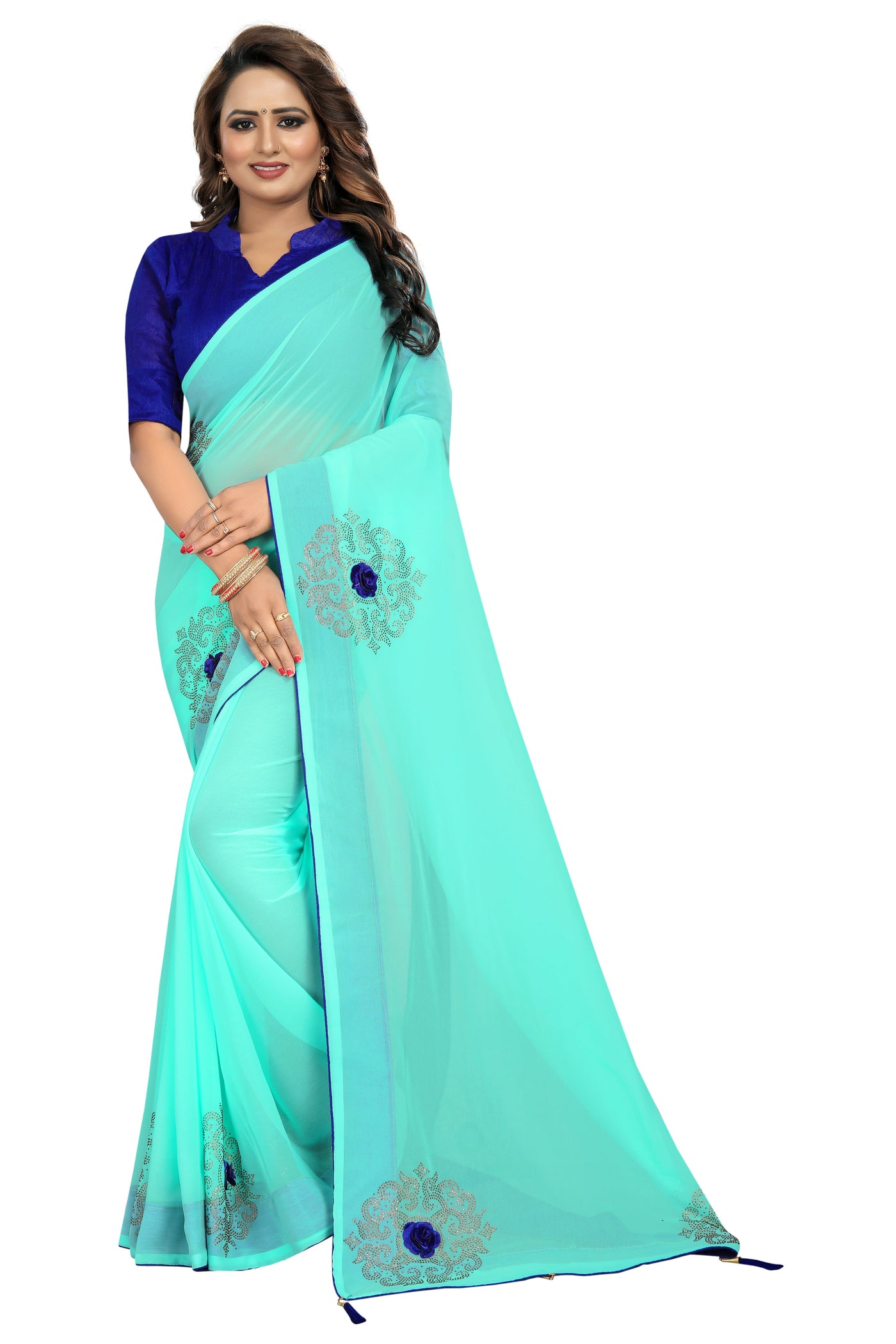 Georgette Sea Green Saree With Blouse