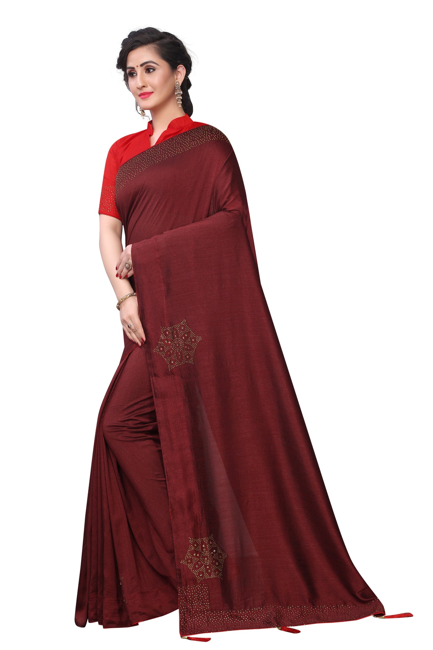 Vichitra Two- Tone Silk Brown Saree With Blouse